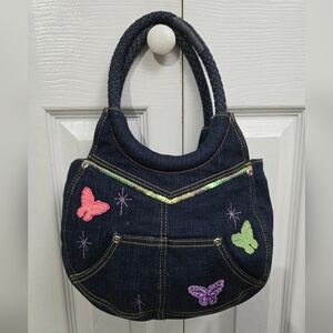 Disney Tinkerbell Butterflies Glitter & Sequin Accents Small Denim Handbag Purse